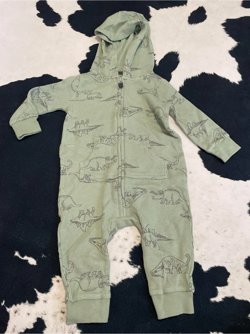 2/$12 Hooded One-Piece Jumpsuit in Green with Dinosaur Print